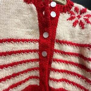 Vintage Hand-Knit Baby Red and White Striped Cardigan and Bonnet Set